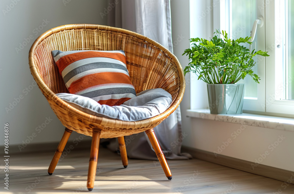 Cozy wicker chair with cushions by a sunny window with green plant, inviting relaxation in a modern home interior.