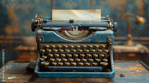 Vintage Blue Typewriter on Wooden Table