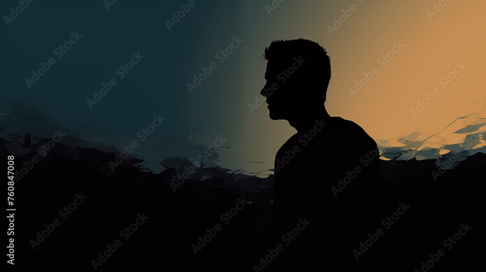 Dusk's Silhouette: A Man's Profile Against a Canvas of Abstract Geometric Shapes at Sunset