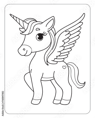 A charming cartoon unicorn pegasus creature outline for kids mythical coloring page activity