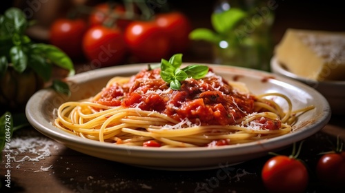 Spaghetti with tomato sauce and parmesan cheese on wooden table