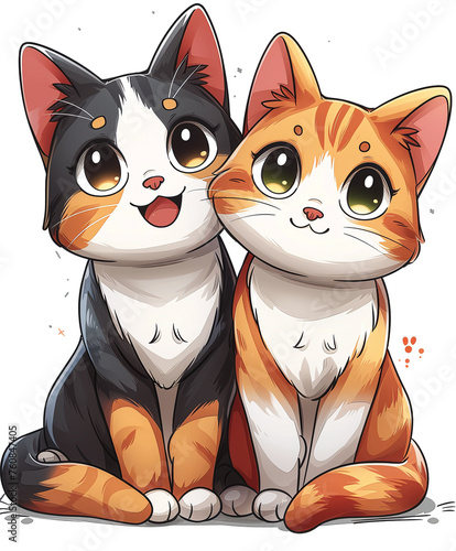 Two cute cartoon cats with big eyes, one black and white, the other orange and white, looking up with a happy expression.