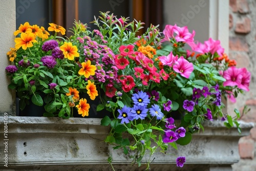 Colorful Balcony boxes flowers. Home colorful plants decorative pots. Generate Ai