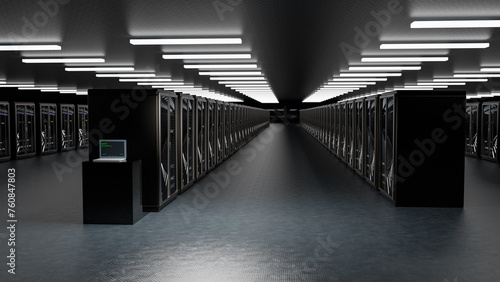 Data center. Iaas, saas, paas. Backup, mining, hosting, mainframe, farm and computer rack with storage information. Cyber Security. 3d render (ID: 760847803)