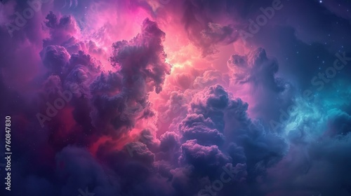 a sky filled with lots of clouds and a star filled sky in the center of the picture is a pink  blue and purple cloud filled sky with stars.