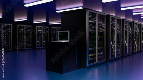 Data center. Iaas, saas, paas. Backup, mining, hosting, mainframe, farm and computer rack with storage information. Cyber Security. 3d render (ID: 760847856)