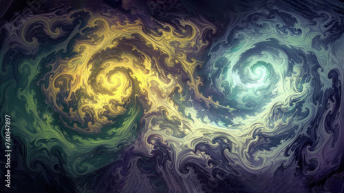 an abstract painting of two spirals in yellow, green, blue, and purple, with a black background.