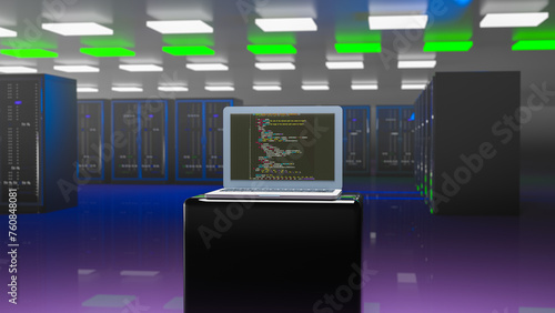 Data center. Iaas, saas, paas. Backup, mining, hosting, mainframe, farm and computer rack with storage information. Cyber Security. 3d render (ID: 760848081)