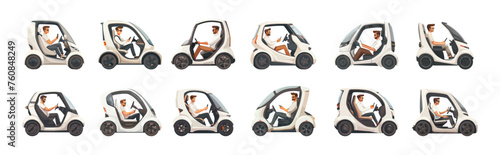 Man with mobile phone driving electric car, cartoon style vector set . Adult human casual clothes modern urban four wheeled vehicle, illustrations isolated on white background