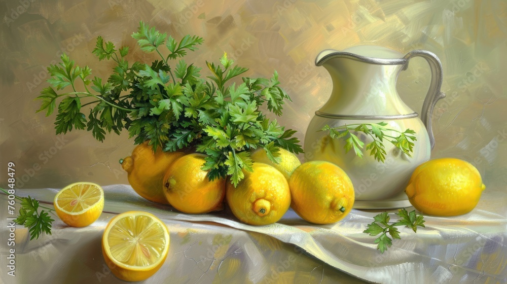 a painting of lemons, parsley, and a pitcher of lemons on a table with a cloth. a painting of lemons, parsley, and a pitcher of lemons on a table with a cloth.