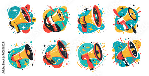 Megaphone hr logos round geometric shapes advertising simple cartoon concepts, abstract background color vector set. Get ready creative speaker banners, pay attention isolated illustrations on white b
