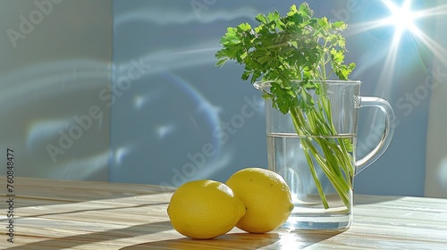 two lemons sitting on a table next to a glass of water and a bunch of parsley in a vase. photo