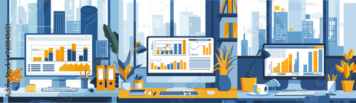 Monitor business infographics desktop charts office desk simple cartoon collection. Modern stationery workplace, coffee cup lamp plant objects, window skyscrapers background. Blue yellow colors vector