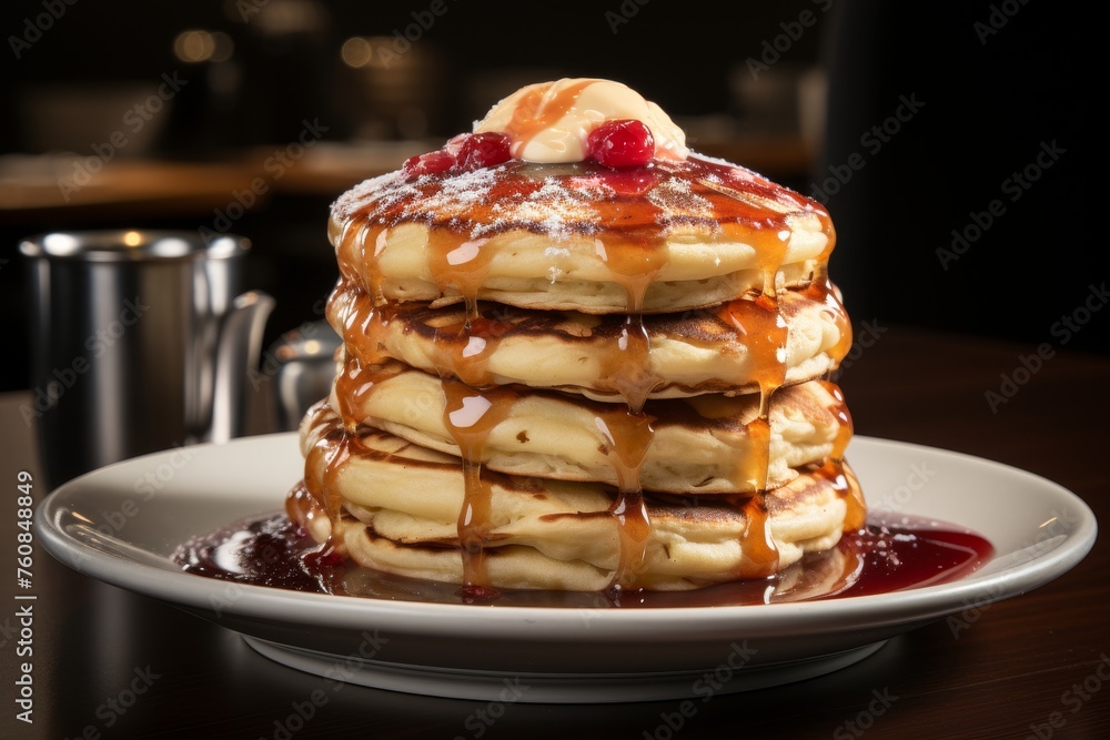 Stack of pancakes with strawberry jam and steaming coffee on rustic wooden table Stack of pancakes with strawberry jam and steaming coffee on rustic wooden table