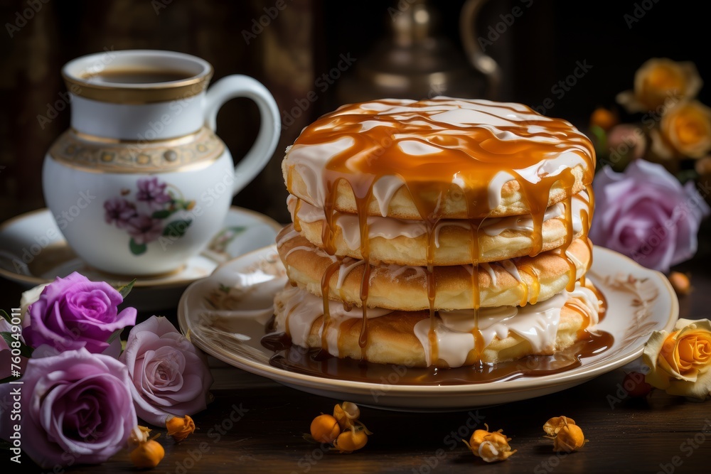 Scrumptious fluffy pancakes with strawberry jam and steaming coffee on a charming wooden table Scrumptious fluffy pancakes with strawberry jam and steaming coffee on a charming wooden table