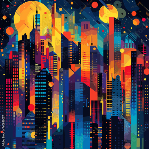 Night cityscape futuristic metropolis vector abstract concept. Midnight skyscrapers hightower modern megapolis city architect colorful vibrant illustration
