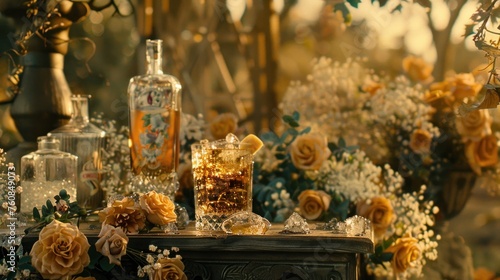 a table topped with a vase filled with yellow flowers and a bottle of alcohol on top of a wooden table. photo