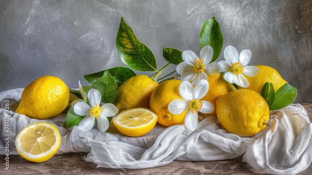 a painting of lemons, flowers, and leaves on a piece of cloth with a cloth draped over it. - obrazy, fototapety, plakaty 