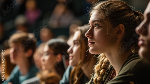 A group of students sits in the hall facing the stage. The audience is diverse, people of different ages and nationalities.