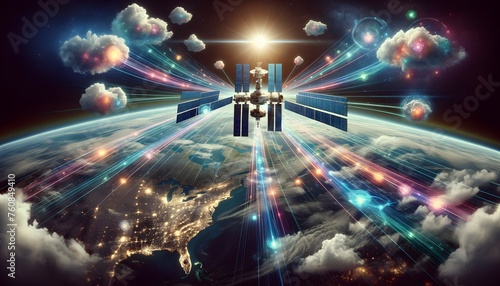 Space station orbiting Earth, serving as a central hub for data servers.