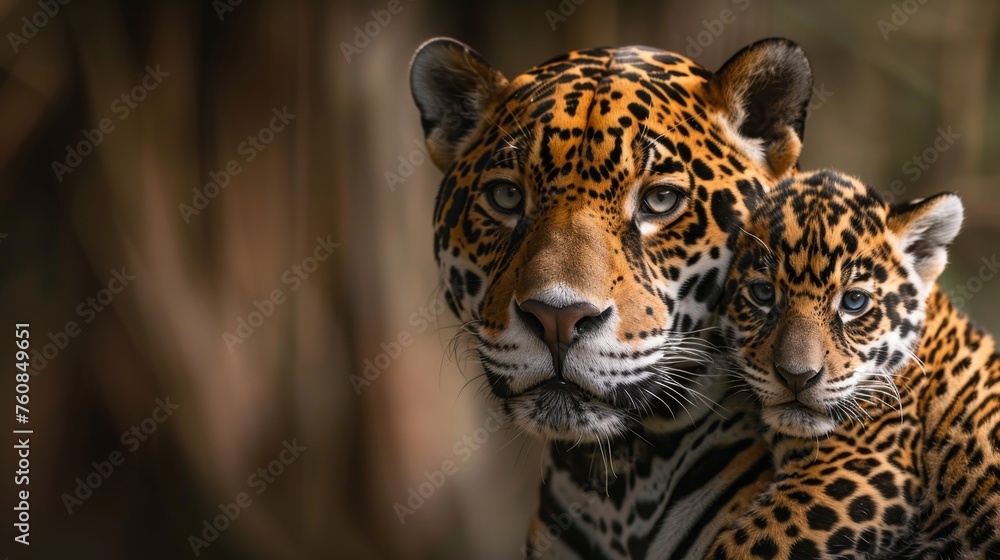 Fototapeta premium Male jaguar and cub portrait with space for text, object on right side, ideal for adding captions