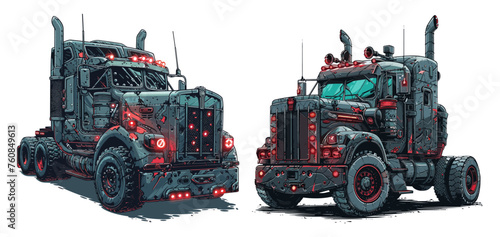 Post apocalyptic truck color ink sketch vector concepts. Futuristic punk four wheeled diesel cargo car, vehicle decay carriers isolated on white background