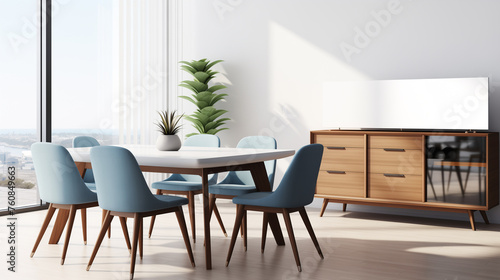 Modern dining room with large windows, a wooden table, teal chairs, and a sideboard with decorative items