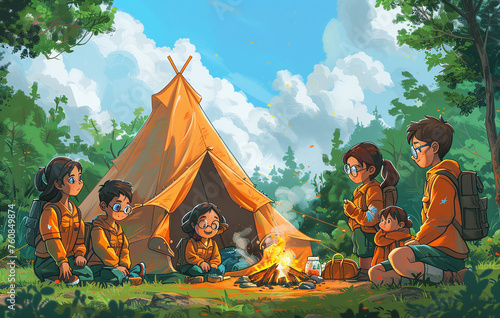 Illustration of three children in scout uniforms sitting by a campfire in a forest with a tent in the background.