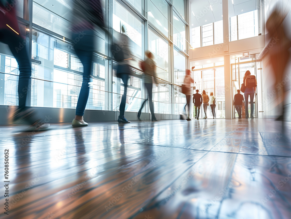 Blurred figures of business professionals strolling at an expo, conference, or within a contemporary hall, demonstrating motion speed blur Blurred figures of business professionals strolling at an expo, conference, or within a contemporary hall, demonstrating motion speed blur