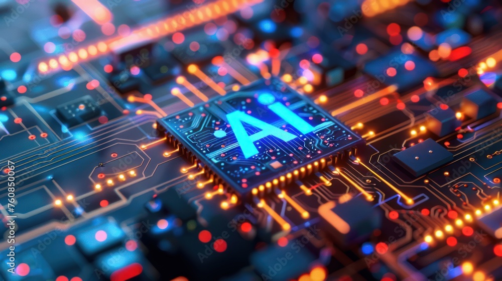 AI Core Nexus - Illuminated pathways on a processor chip symbolize the pulsing heart of artificial intelligence technology