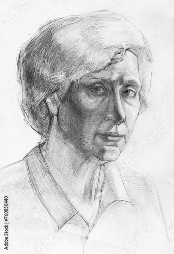 Study portrait of aged caucasian woman hand-drawn by graphite pencil on white paper