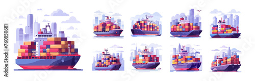 Sea logistics cartoon vector set. Marine cargo ships ocean heavy tankers storage containers goods transportation, modern city background isolated illustrations