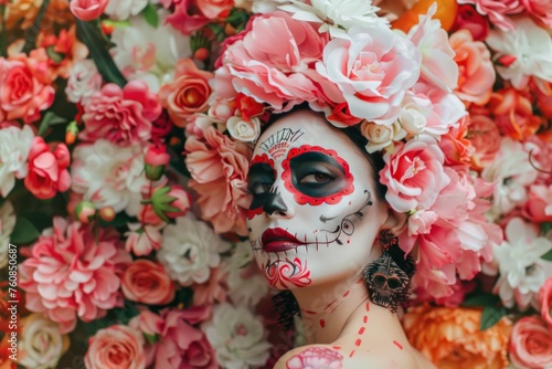 A woman with a flower headdress and a skeleton mask. She is surrounded by flowers. The flowers are pink and white
