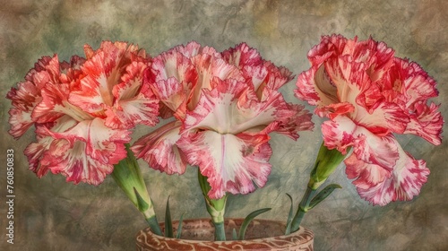 three pink carnations are in a vase on a brown and white tablecloth with a pattern on the bottom of the vase. photo