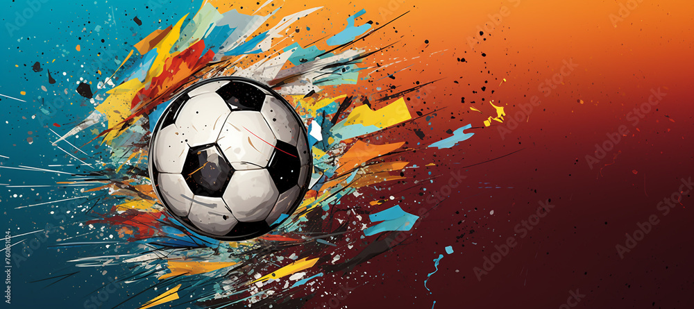 Dynamic soccer ball bursting with colorful energy - obrazy, fototapety, plakaty 