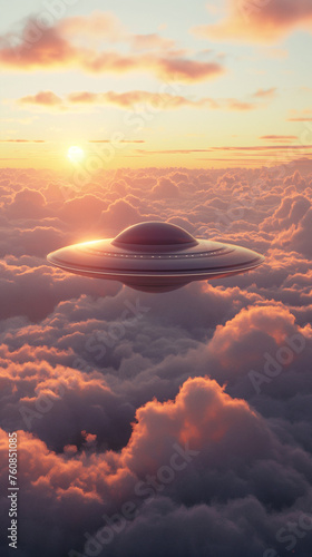 An alien flying saucer floating above the clouds at sunset, photo realistic