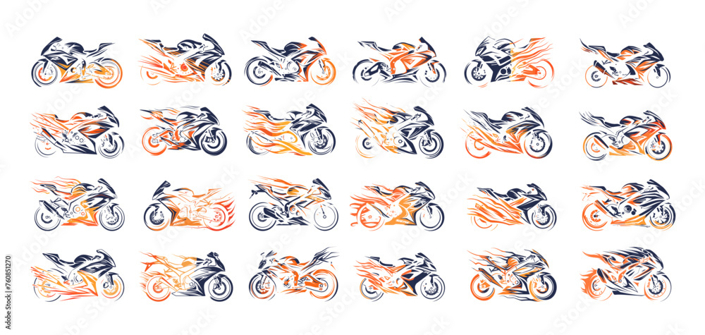 Sport motorcycle logos with fire elements vector set. Modern sportbike transport icons, motorsport gear, color concepts isolated on white background Sport motorcycle logos with fire elements vector set. Modern sportbike transport icons, motorsport gear, color concepts isolated on white background