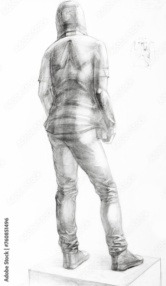 educational drawing from back of male model dressed in hooded shirt and pants standing on podium drawn by hand with graphite pencil on white paper