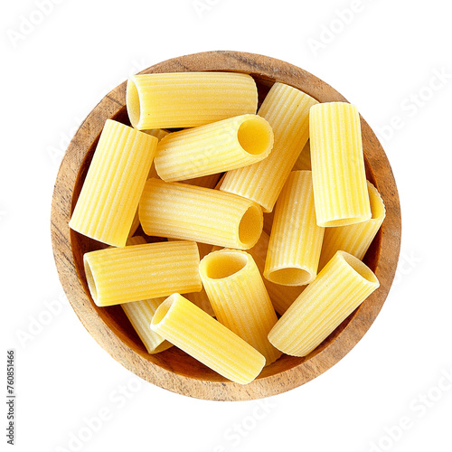 Tortiglioni pasta in a wooden bowl isolated on transparent background png file. Italian cuisine. Tortiglioni pasta in a wooden bowl. Top view scene. Classic Italian dry pasta