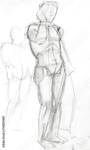 training sketch - designing male model figure on podium drawn by hand with graphite pencil on white paper
