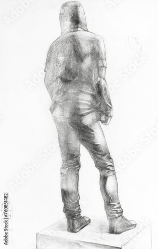 study drawing from back of male model dressed in hooded shirt and pants standing on podium drawn by hand with graphite pencil on white paper