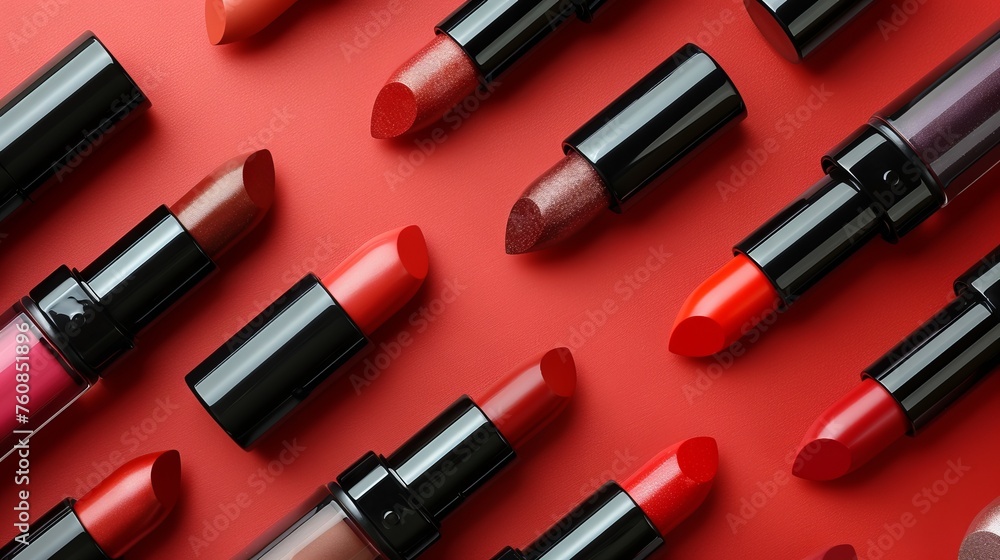 red lipstick and its shades. Concept: spring and summer makeup trends, cosmetic beauty and personal care. red lipstick and its shades. Concept: spring and summer makeup trends, cosmetic beauty and personal care.