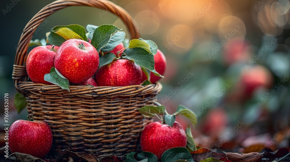 A wicker basket with ripe apples amidst the lush greenery of the garden. Fresh apples in a basket in a sweet and inviting aroma. Apples in lovely setting. A wicker basket with ripe apples amidst the lush greenery of the garden. Fresh apples in a basket in a sweet and inviting aroma. Apples in lovely setting.