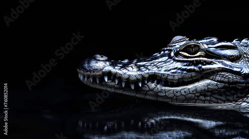 A crocodile in a monochromatic setting, its scales and details reflected in the still water beneath.