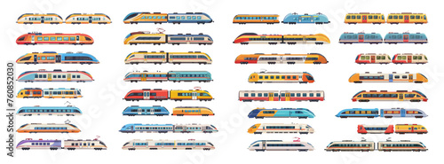 Trains railway carriage cartoon big vector bundle. Diesel electric locomotives transport wagons, high speed modern old rail vehicles illustrations isolated on white background