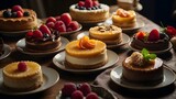 This image showcases an array of delectable desserts, including cheesecakes and fruit tarts, garnished with fresh, colorful fruits on a dark table

