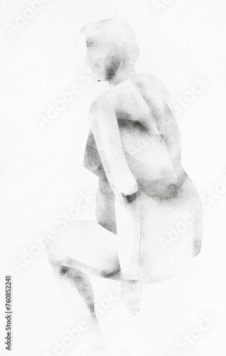 training sketch of female nude curvy model from back sitting on podium, hand-drawn by stamp with black tempera paint on white paper
