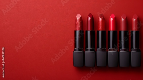 ed lipstick and its shades. Concept: spring and summer makeup trends, cosmetic beauty and personal care.