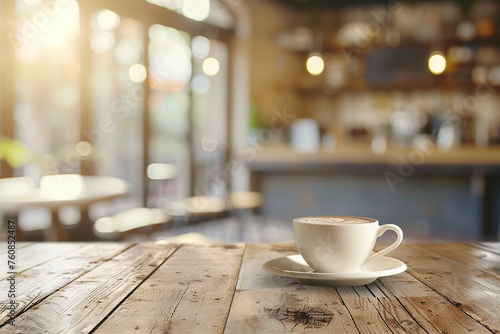 Cup of coffee on table in cafe on blurred background, sunlights and outdoors photo