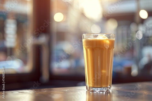 Glass of iced coffee on blurred cafe background